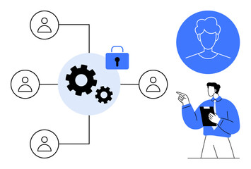 Gear mechanism and security lock connecting organization network of users. Business leader presenting ideas. Ideal for collaboration, network security, workflow, efficiency, leadership, innovation