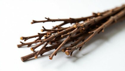 A bundle of dried twigs and branches on a white surface, brown, rustic