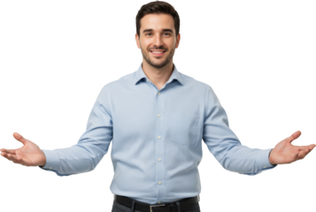 Smiling man in light blue shirt with open arms gesture