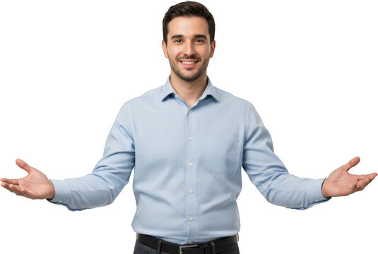 Smiling man in light blue shirt with open arms gesture