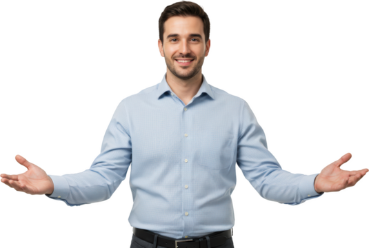 Smiling man in light blue shirt with open arms gesture