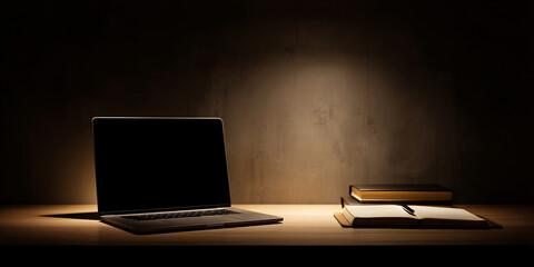 Illuminated Laptop on Workspace Desk Modern Planner Open for Productivity Digital Tools for Business Professionals and Project Management
