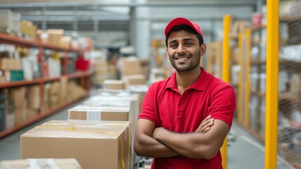 Obraz premium A confident Indian warehouse worker in a distribution center.