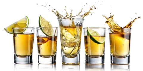 Set of Glasses shot of tequila making toast with splash isolated on white background. PNG
