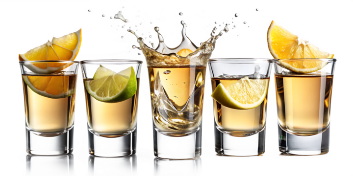 Set of Glasses shot of tequila making toast with splash isolated on white background. PNG