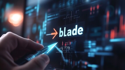 A professional illustrating a cost versus quality graph on a digital screen, featuring the word "blade" and upward arrows indicating success, captured in high resolution with natural light