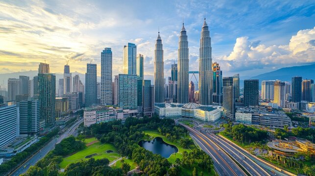 Dynamic urban skyline of kuala lumpur malaysia at sunset aerial view modern architecture vibrant cityscape