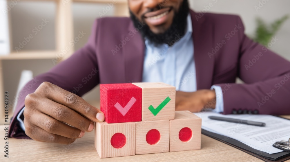 Poster a man in a suit and tie holding a block with a red check mark highlighting early adopter advantage i