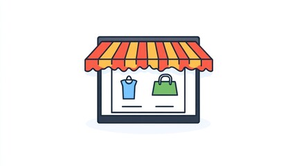 Online store with clothing and handbag displayed on laptop screen under striped awning.