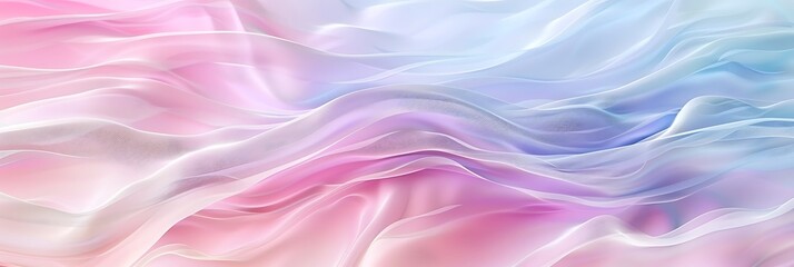 Obraz premium Soft, ethereal abstract background featuring delicate, flowing waves resembling smoke, clouds, or sheer fabric in blended pastel pink, blue, and white hues. 