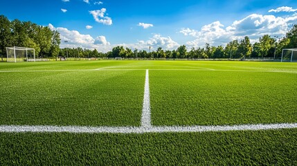 Obraz premium Exciting soccer match preparation on lush green field local stadium sports photography bright day wide angle team spirit