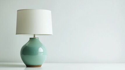 Retro ceramic table lamp with a pastel green base and white shade on white surface.
