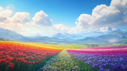 Vibrant tulip fields blooming under clear skies in a majestic mountain landscape