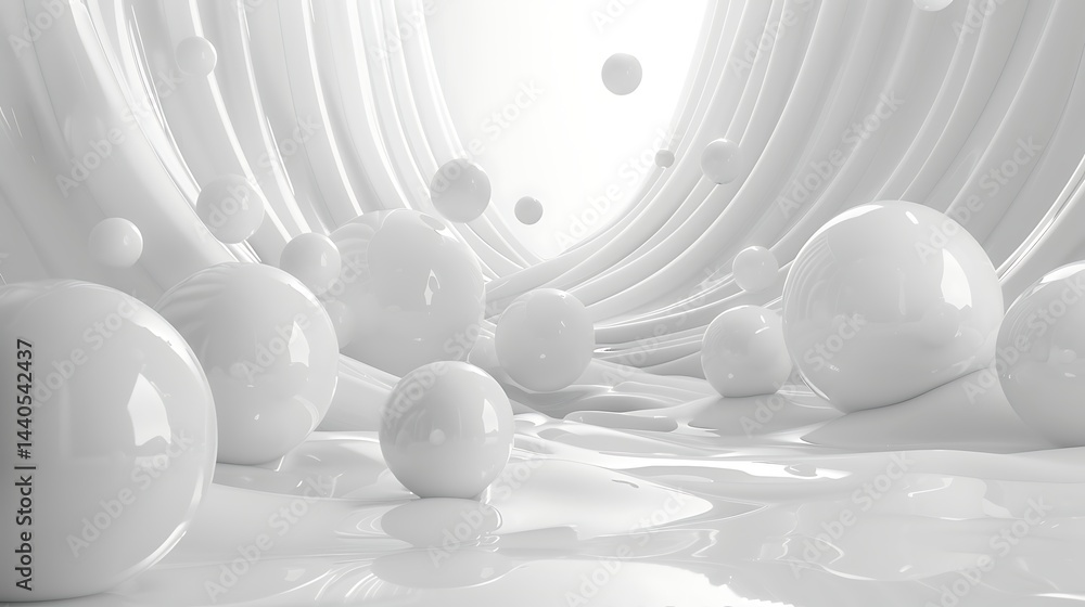 Poster abstract minimalist background: glossy white spheres or pearls floating and rolling within smooth, f