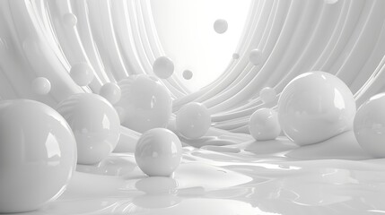 Abstract minimalist background: Glossy white spheres or pearls floating and rolling within smooth, flowing white liquid waves or fabric folds. Clean purity.
