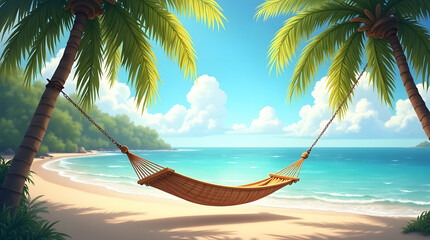 Peaceful Tropical Beach at Sunset with Wooden Hammock

