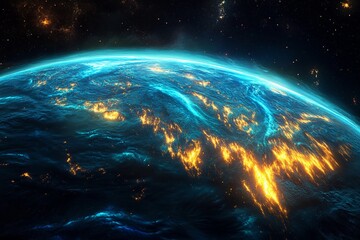 Fototapeta premium Vivid ocean waves illuminated by a bright azure celestial body at night