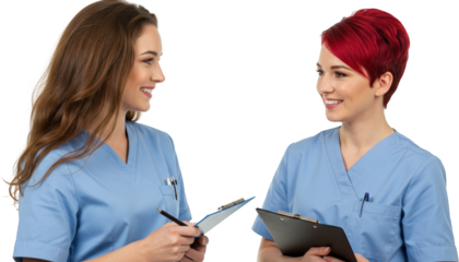 Smiling Medical Professionals Discussing Patient Care with Clipboards and Pens