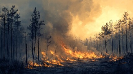 Fototapeta premium Forest fire devastation natural landscape fiery event atmosphere smoky environment distant viewpoint climate crisis