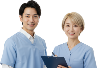 Smiling Medical Professionals in Blue Scrubs Holding Clipboard Looking at Camera