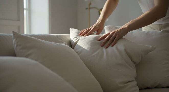 Arranging White Pillows on Couch for Cozy Home Interior Decor - Powered by Adobe