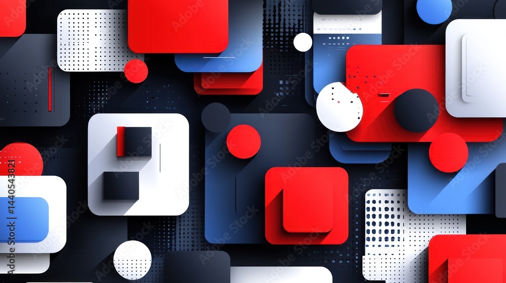 Poster abstract geometric background with red, blue, and white squares and circles, featuring a layered, di