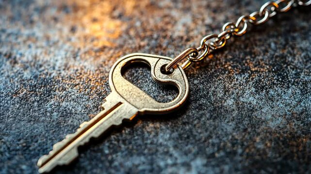 Golden chain and key dropping on textured surface in slow motion
