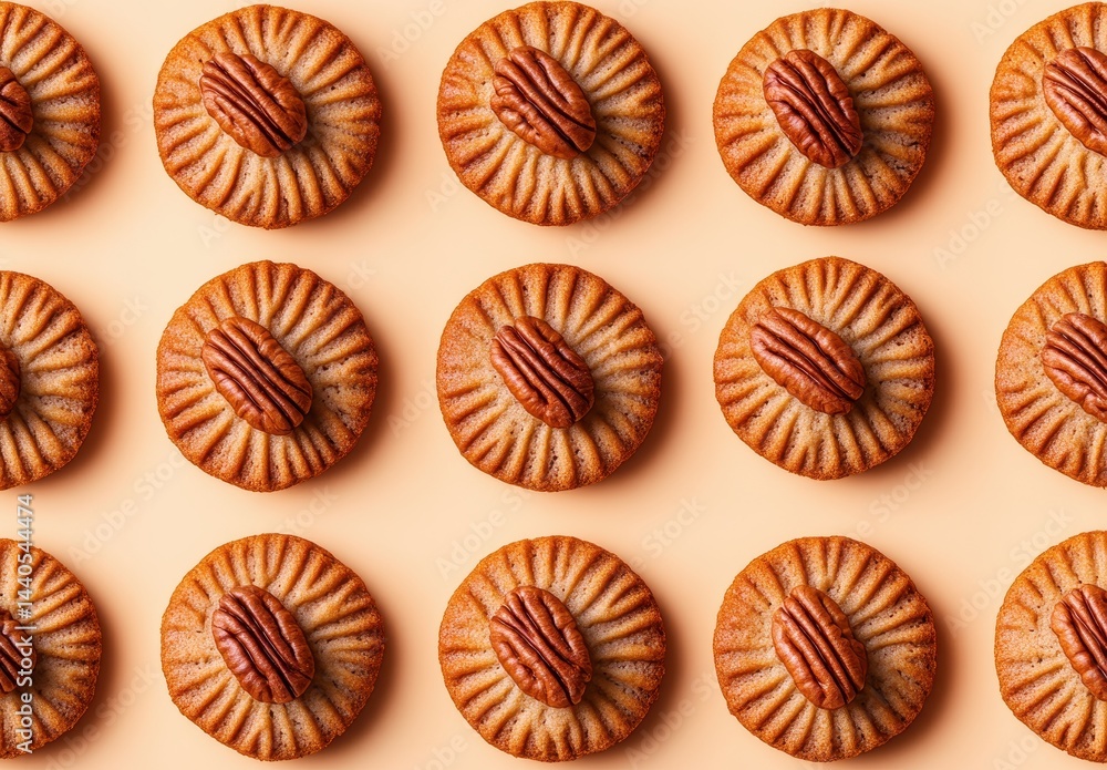 Aufkleber top view of golden brown cookies with pecan nuts arranged on a soft peach colored background for swe