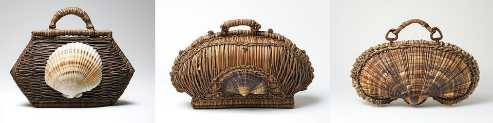 Three handcrafted wicker bags, each featuring a unique shell accent.  Hexagonal, oval, and curved shapes are showcased