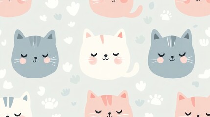 Pastel-toned,  cute feline faces in a repetitive pattern.