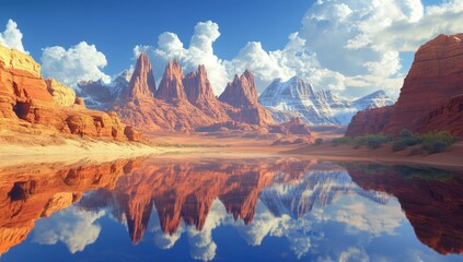 Fototapeta premium Serene desert landscape reflecting mountains in a calm lake
