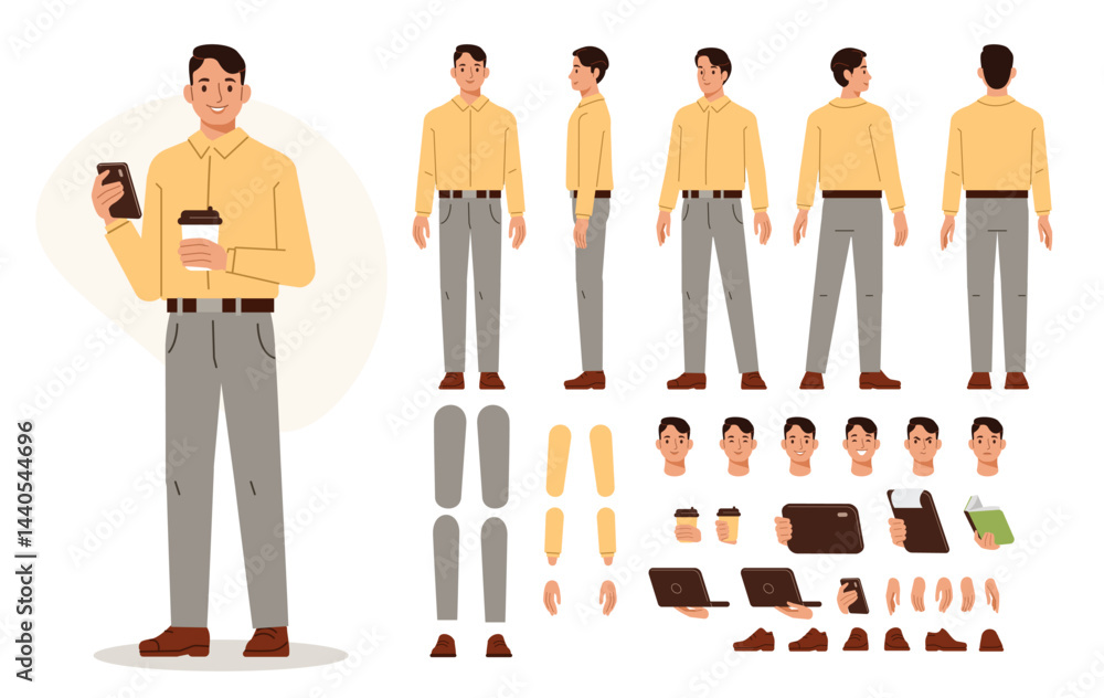 Poster casual business man character constructor for animation. front, side and back view set. body parts, 