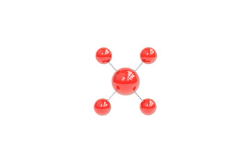 A red molecular structure with one central sphere connected to four smaller spheres by thin rods.