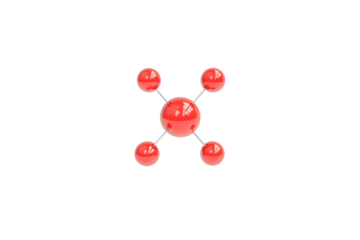 A red molecular structure with one central sphere connected to four smaller spheres by thin rods.