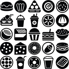 This vector icon set features food, drink, and fast food icons, including coffee, cake, pizza, and hamburger symbols perfect for restaurant menus and cafe designs
