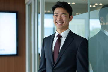 Fototapeta premium Young East Asian businessman in suit and patterned tie, smiling near a glass wall with his reflection visible in a bright, modern office. Successful and approachable professional concept