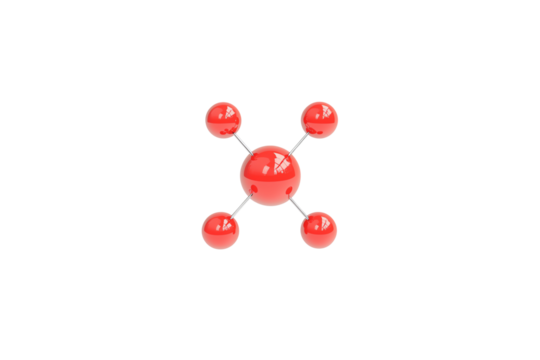 A red molecular structure with one central sphere connected to four smaller spheres by thin rods.