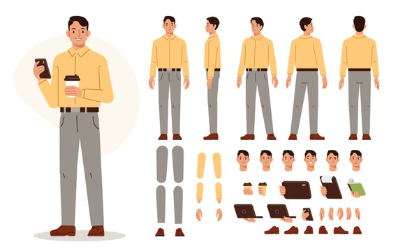 Casual business man character constructor for animation. Front, side and back view set. Body parts, postures, poses collection. Vector illustration.