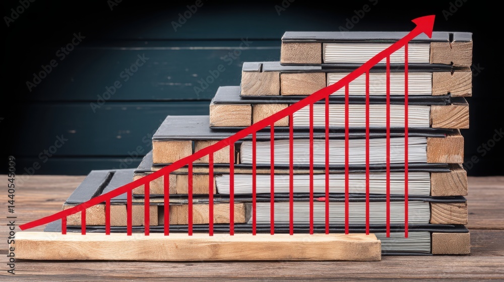 Poster stack of books with red arrow rising upward symbolizing earnings whisper expectations and prediction