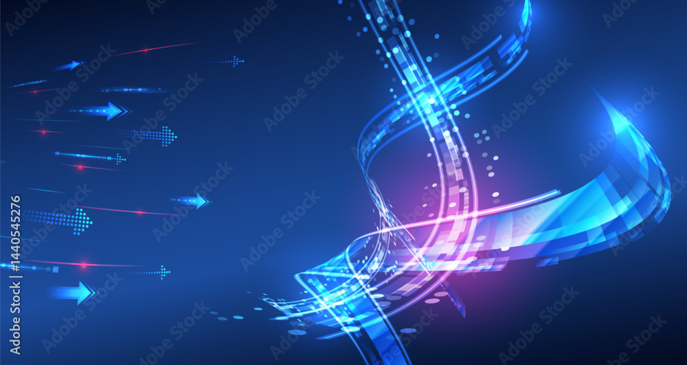 Aufkleber Glowing blue and purple effects create a dynamic and futuristic atmosphere. Digital technologies, data transfer, internet and innovation. Modern technological background with abstract lines, arrows.