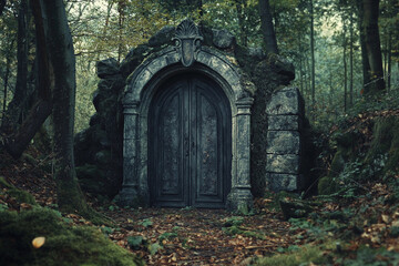Fototapeta premium Mysterious stone gateway stands in a serene forest surrounded by tall trees on an overcast day