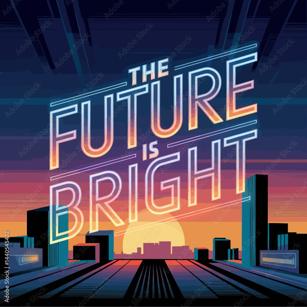 Poster the future is bright cityscape illustration with neon glow and optimistic message for design project