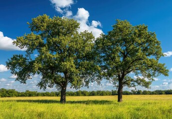Two Majestic Trees Standing Tall in a Lush Green Field Under a Bright Blue Sky with Fluffy White Clouds and Vibrant Green Grass Surrounding Them