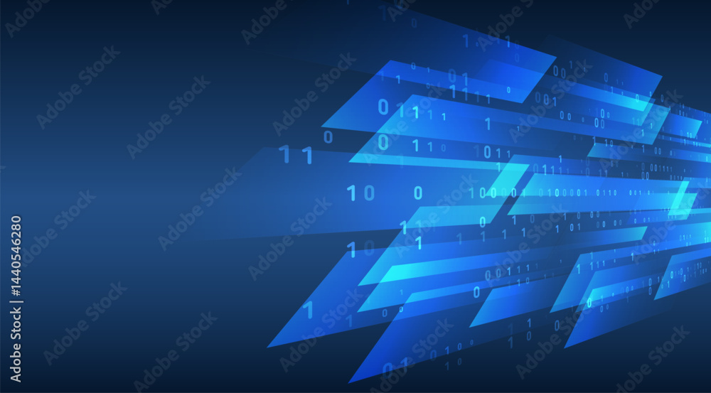 Aufkleber Abstract technology background with glowing blue lines and binary code on a dark gradient. Concept of data transmission, innovation, and digital communication.