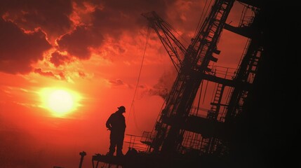 Sunset silhouette of worker at industrial site urban landscape photography dramatic sky wide angle labor and nature