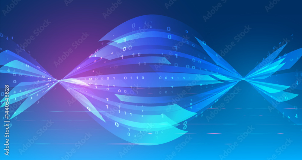 Leinwandbilder Abstract technology background with glowing blue lines and binary code on a dark gradient. Concept of data transmission, innovation, and digital communication.