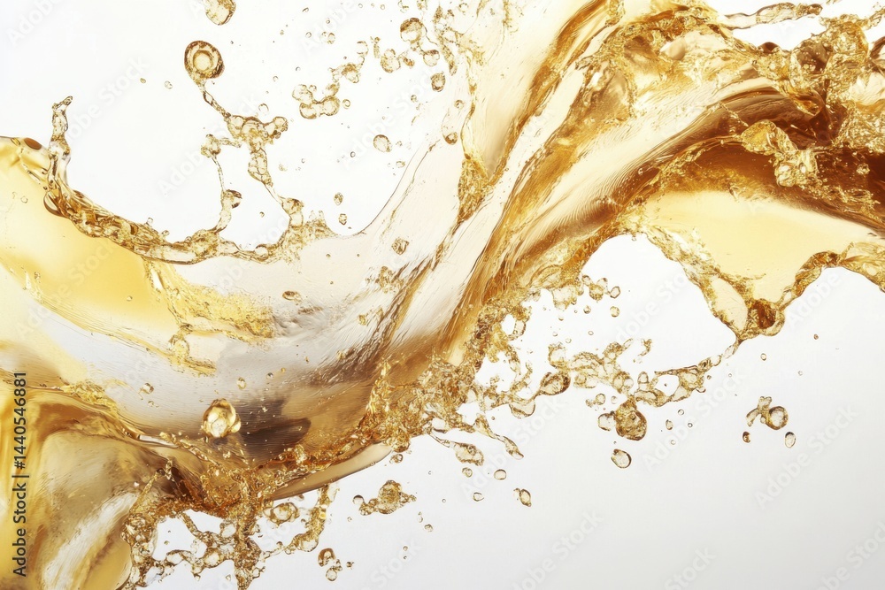 Poster close up shot of a dynamic splash of golden liquid against a bright white background in studio shot