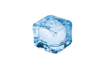 A single blue-tinted ice cube with visible surface texture and clarity.