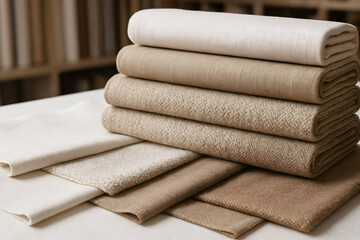 neutral fabric textures on white table in fabric store close-up
