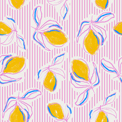 Lemons hand drawn seamless pattern design for textile print. Summer citrus fruit background with pink stripes.